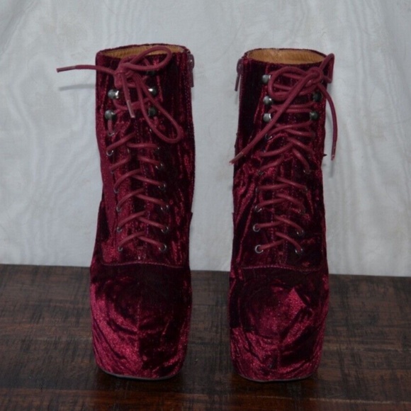 Jeffrey Campbell Spike Damsel Wine Velvet Booties Wedge 7.5 - Picture 6 of 10
